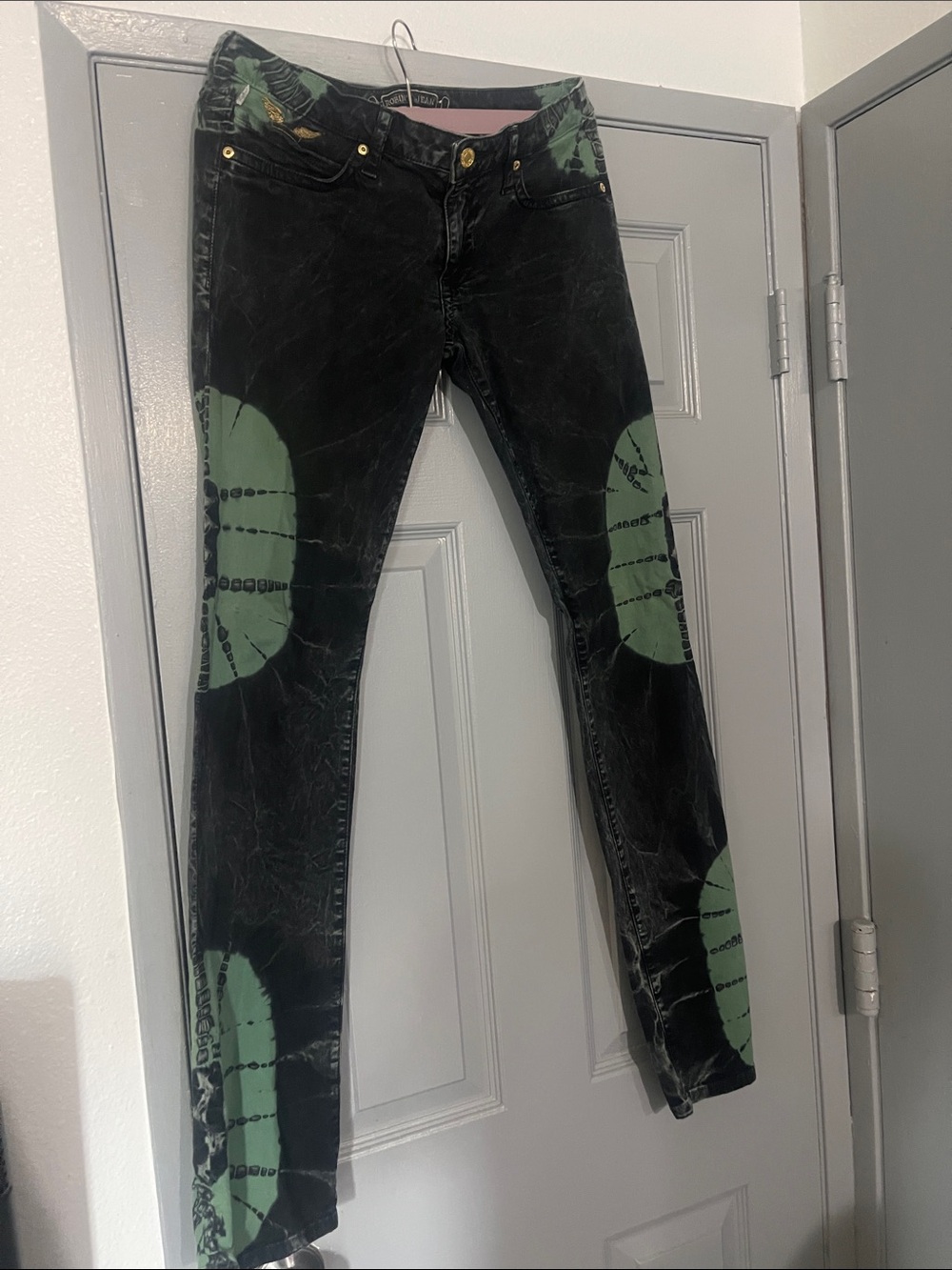 Robin's Jean Black Bootcut Jeans with Green Tie-Dye Accents